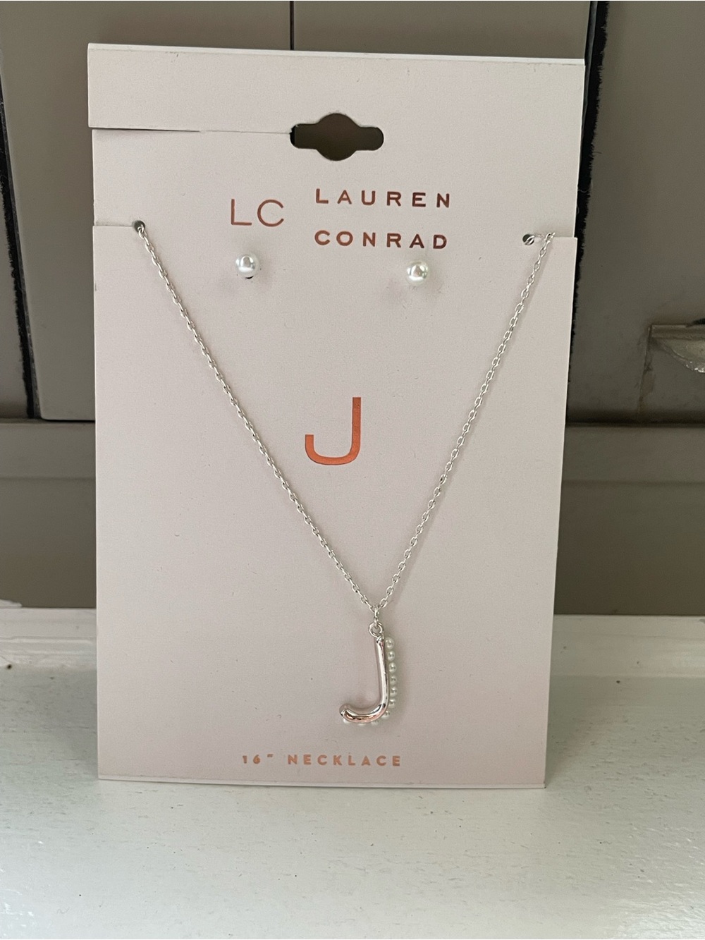 LC Lauren Conrad Silver Letter J Pendant Necklace with pearl Stud Earrings